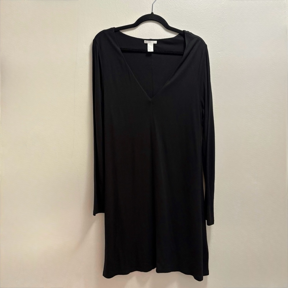 Elegant Black V-Neck Dress Jersey Relaxed Fit Longsleeve